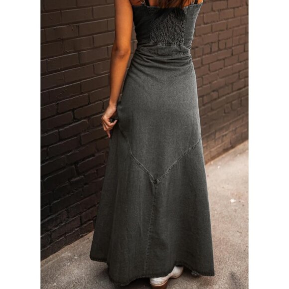 Women's Denim Maxi Dress Smocked Back Spaghetti Strap Button Down A-Line - Picture 3 of 4